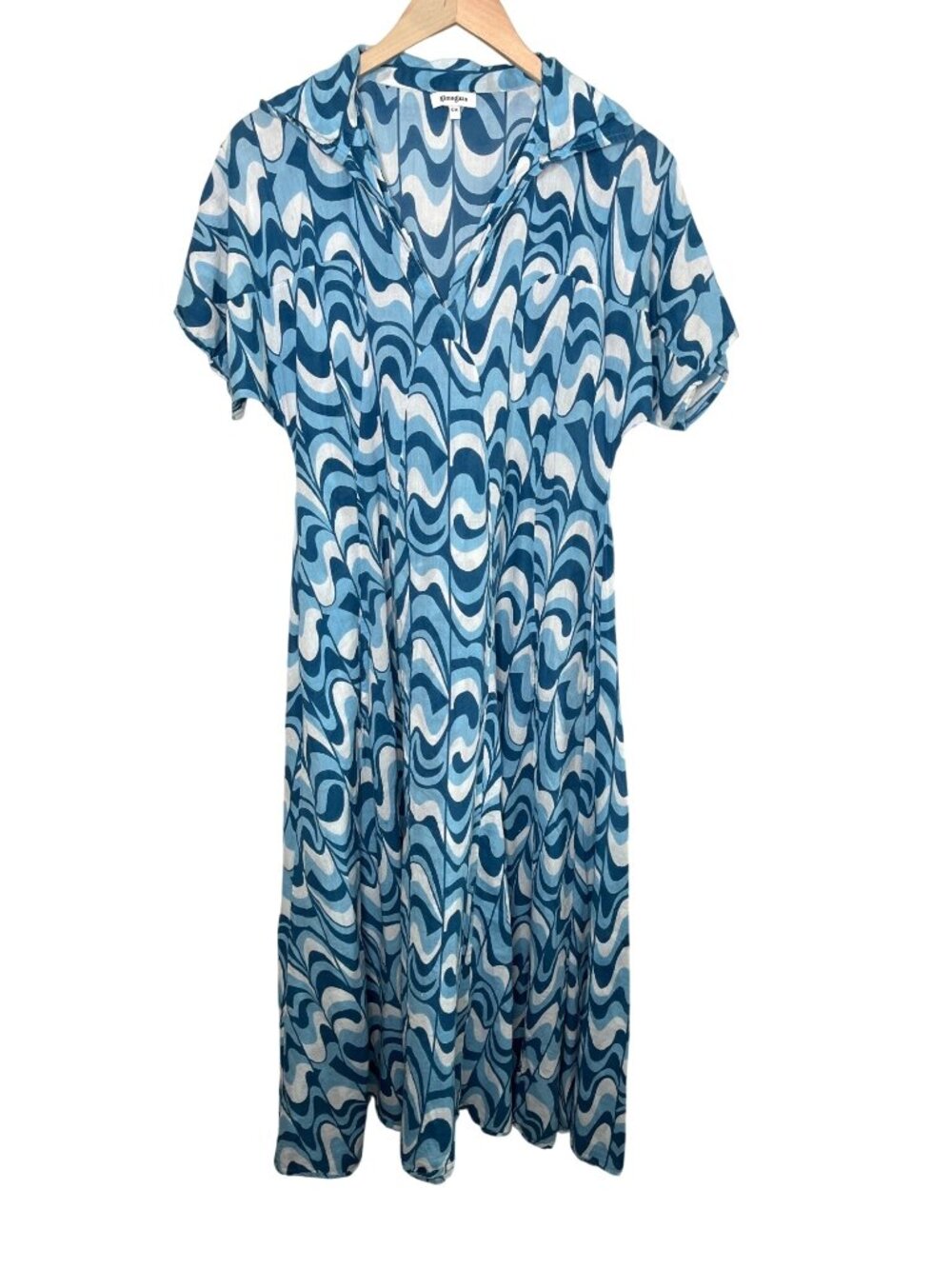 Gimaguas Blue White Wavy Abstract Retro Pattern Midi Dress Small Short Sleeve